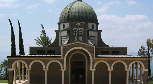 The Church of the Beatitudes, a Catholic church on the northern coast of the Sea of Galilee in Israel, is shown.