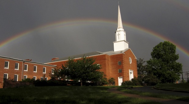 steeple with rainbow