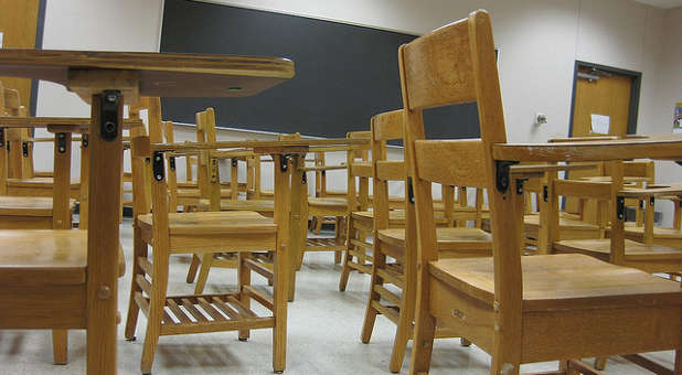 School desks chalk board