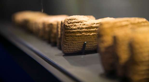 Cuneiform tablets are displayed during an exhibition at the Bible Lands Museum in Jerusalem.