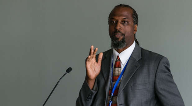 Pastor Dumisani Washington, Christians United for Israel's (CUFI) diversity outreach coordinator. Washington spoke at an April 30 event at Columbia University (not the speech pictured here) concerning the legacy of Martin Luther King, Jr., and his support for Israel.