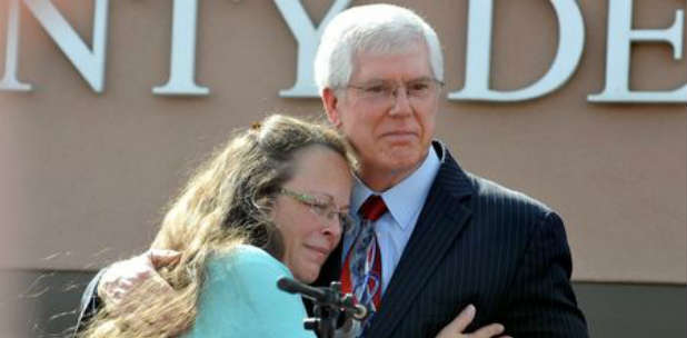 Kim Davis hugs her attorney, Mat Staver of Liberty Counsel.