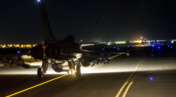 A French fighter jet prepares to take off to bomb Raqqa, Syria.