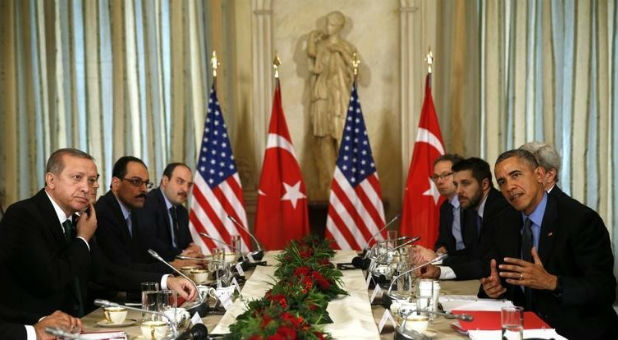 U.S. President Barack Obama meets with Turkish President Recep Tayyip Erdogan (L) at the U.S. ambassador's residence during the World Climate Change Conference 2015 (COP21) in Paris, France.