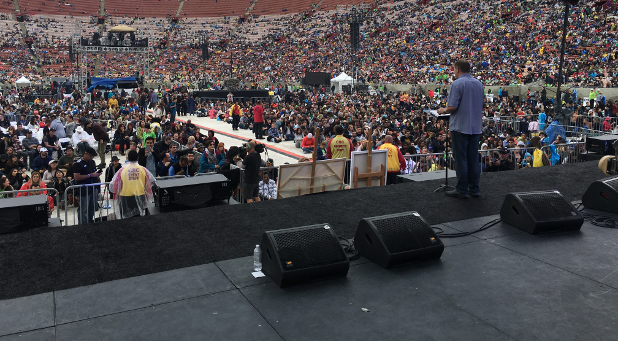 Dutch Sheets speaks to the crowd at Azusa Now at the Los Angeles Memorial Coliseum.