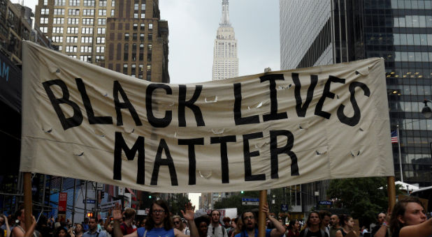 Protesters display a