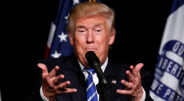 Republican presidential nominee Donald Trump speaks during a campaign rally in Cedar Rapids, Iowa