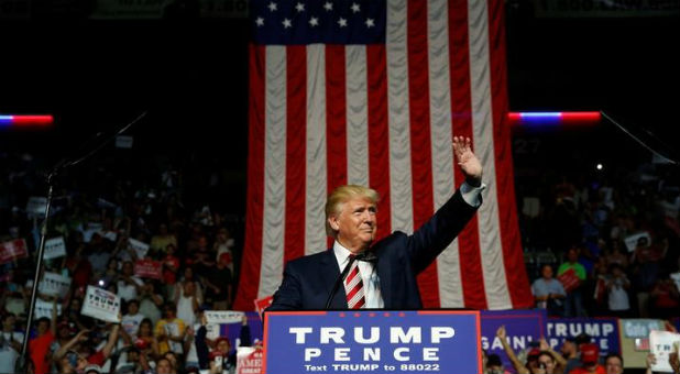 Republican presidential nominee Donald Trump holds a rally with supporters.