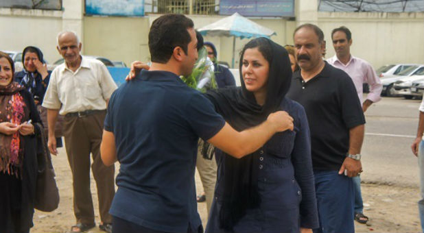 Youcef Nadarkhani is greeted by his wife, Tina, on his release from prison, September 2012.