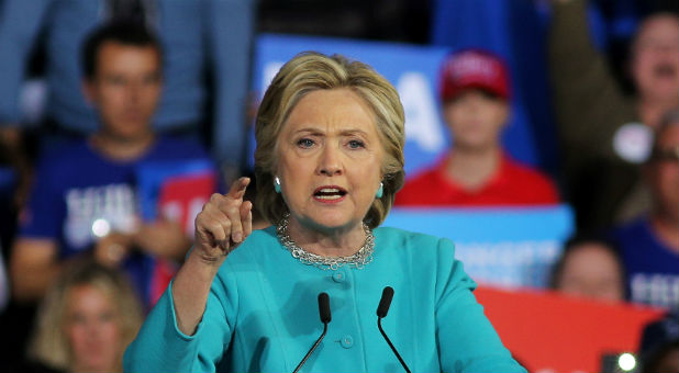 Democratic presidential nominee Hillary Clinton speaks during a campaign rally in Cleveland, Ohio, Sunday.