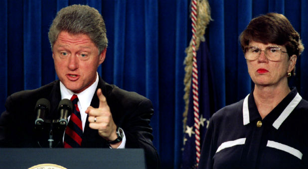 President Clinton, accompanied by Attorney General Janet Reno July 19, 1993.