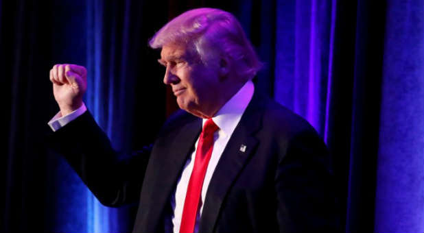 Republican presidential nominee Donald Trump arrives for his election night rally at the New York Hilton Midtown in Manhattan, New York.