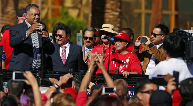 The Reverend Jesse Jackson speaks at the Wall of Tacos demonstration in front of the Trump International Hotel Las Vegas