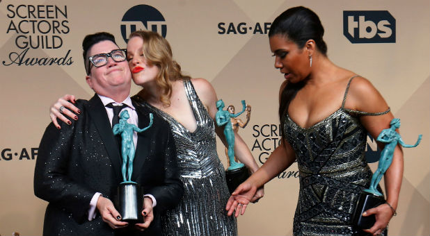 Actors Lea DeLaria, Emma Myles and Jessica Pimentel (L to R) of