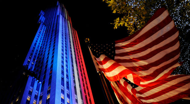 Rockefeller Center is lit up to reflect the results of the U.S. electoral college votes in New York, U.S.