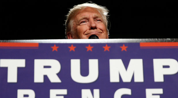 Republican presidential nominee Donald Trump appears at a campaign rally in Warren, Michigan