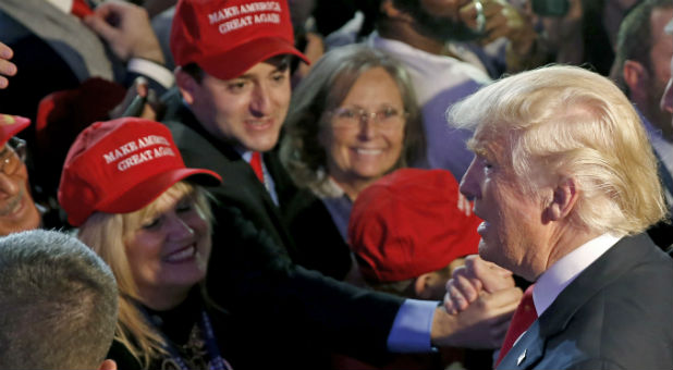 Republican U.S. presidential nominee Donald Trump greets supporters at his election night rally in Manhattan