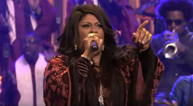 Gospel singer Kim Burrell on the Jimmy Fallon Show.