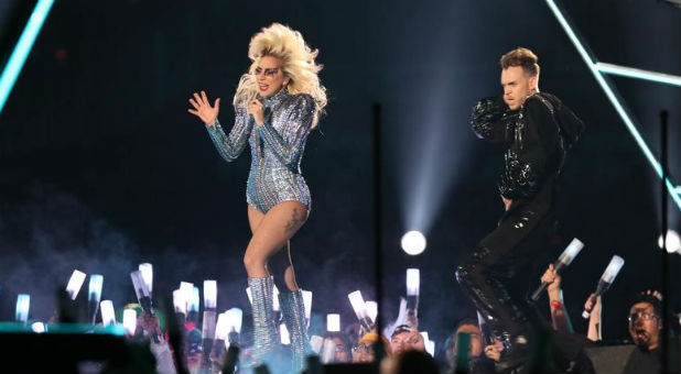 Lady Gaga performs during the halftime show during Super Bowl LI at NRG Stadium.