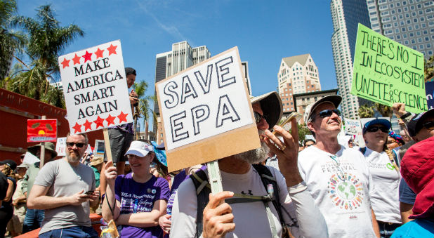 Marchers advance toward City Hall during the March for Science Los Angeles