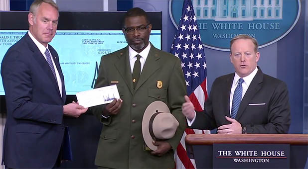 White House Press Secretary Sean Spicer, Secretary of the Interior Ryan Zinke and Harpers Ferry National Historical Site Superintendent Tyrone Brandyburg