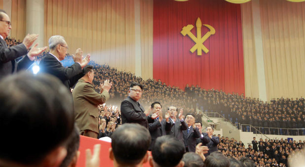 North Korean leader Kim Jong Un attends a performance held for participants of the ruling party's party meeting.