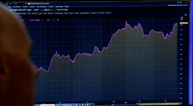 A trader looks at a screen that charts the S&P 500 on the floor of the New York Stock Exchange (NYSE).