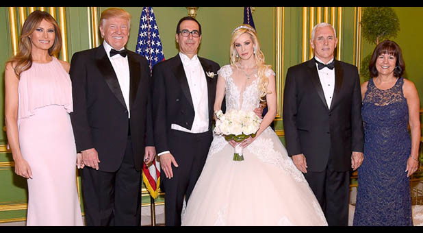 First lady Melania Trump, President Donald Trump, Secretary of the Treasury Steve Mnuchin, actress Louise Linton, Vice President Mike Pence, second lady Karen Pence