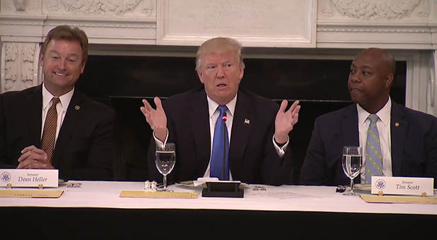 President Donald Trump and U.S. Sens. Dean Heller, R-Nev., and Tim Scott, R-S.C.