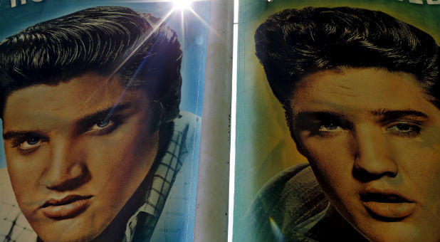 Street banners line Elvis Presley Boulevard near Graceland in Memphis, Tennessee.