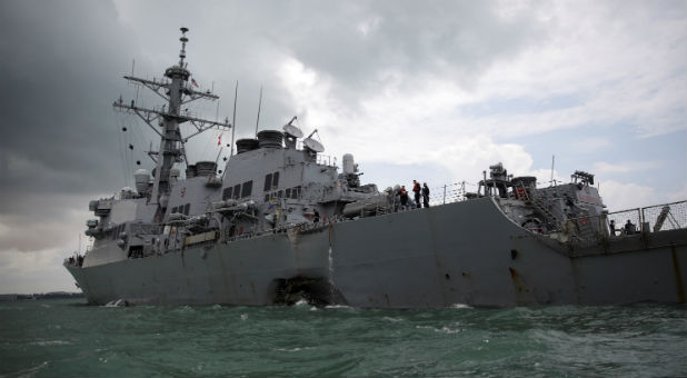 The U.S. Navy guided-missile destroyer USS John S. McCain is seen after a collision, in Singapore waters August 21, 2017.