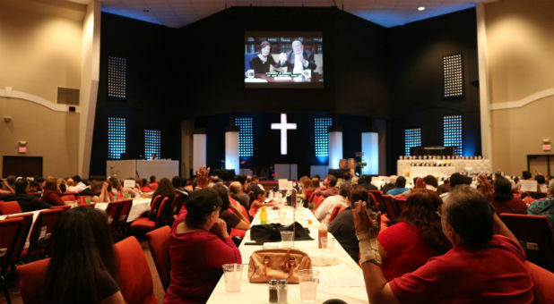 Morris and Theresa Cerullo speak at a Night of Blessing in Houston.