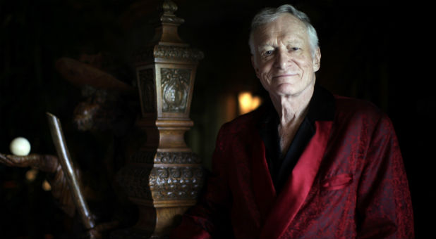 Hugh Hefner poses at his Playboy mansion in Los Angeles, July 2010.