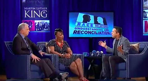 Samuel Rodriguez, right, speaks with Mike Hayes, left, and Bernice King, center.