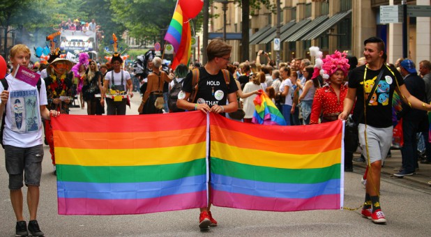 LGBT demonstrators gather for an event.