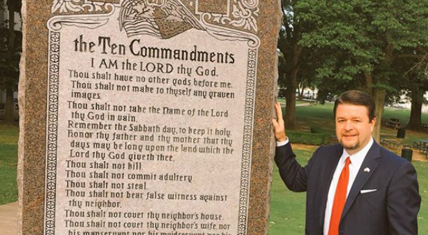 Sen. Jason Rapert with the Ten Commandments Statue