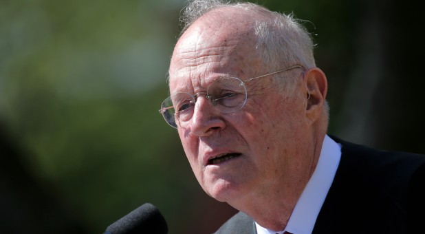 Supreme Court Associate Justice Anthony Kennedy speaks during a swearing-in ceremony for Judge Neil Gorsuch.