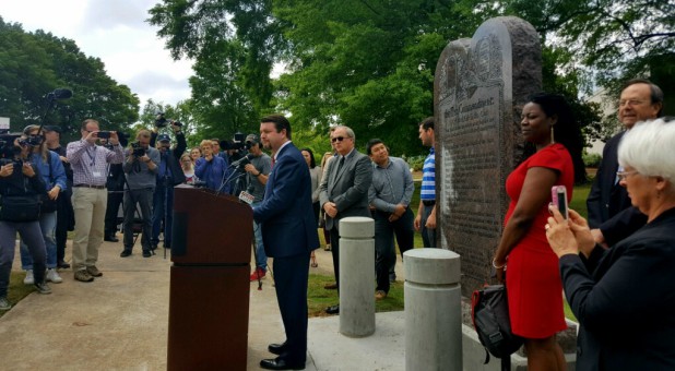 Sen. Jason Rapert speaks at the Ten Commandments unveiling.