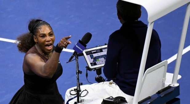 Serena Williams of the United States yells at chair umpire Carlos Ramos in the women's final against Naomi Osaka of Japan.