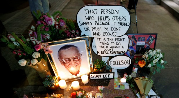 Flowers and mementos are pictured on the star of late Marvel Comics co-creator Stan Lee on the Hollywood Walk of Fame.