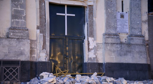 St. Agata church is seen damaged by an earthquake, measuring magnitude 4.8, at the area north of Catania on the slopes of Mount Etna in Sicily.