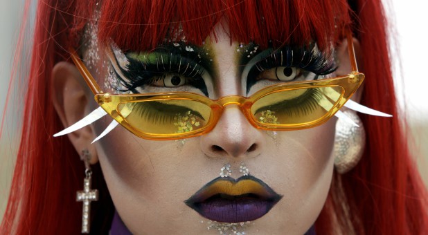 A drag queen takes part in a concentration of LGBT community members and activists in front of the Supreme Court of Justice, to demand constitutional magistrates to give a positive ruling on equal marriage in San Jose, Costa Rica.