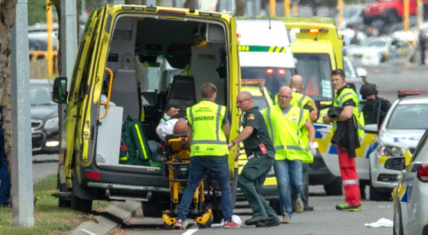 An injured person is loaded into an ambulance following a shooting at the Al Noor mosque in Christchurch, New Zealand.