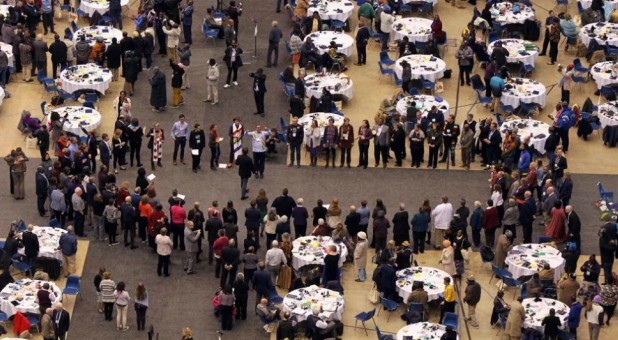 United Methodist delegates who advocated for LGBTQ inclusiveness gather to protest the adoption of the Traditional Plan on Feb. 26, 2019, during the special session of the UMC General Conference in St. Louis.