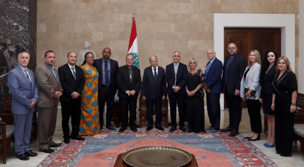 The delegation included (L-R): Ted Doudak , Pastor Michael Wells, Josimar Salum, Sherri Mott, Bishop Ray Mott, Bishop Rafael Najen, Lebanon President Michel Aoun, Bishop Joseph Mattera, Pastor Joyce Mattera, Pastor Elliot Penn, Derek and Veronika Ott , along with attorneys Celene Atalah and Randa Hanna.