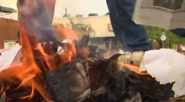 Demonic statue burning in a fire.