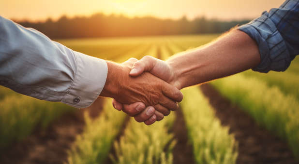 Hands shaking in a crop field.