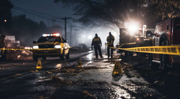 Police investigating an outdoor crime scene.