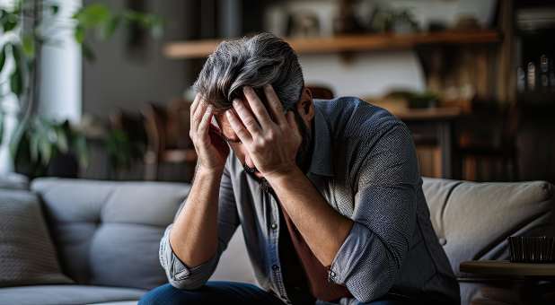 Man sitting on couch with head in hands.