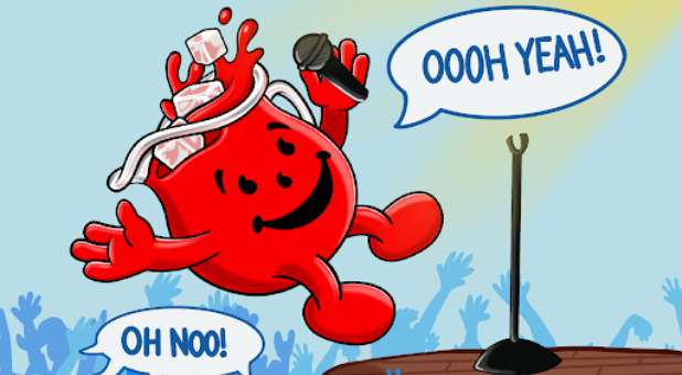 Kool-Aid mascot with mic saying,